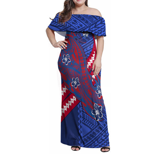 Personalized Western Bulldogs Family Matching Off Shoulder Maxi Dress and Hawaiian Shirt Polynesian Tribal Bulldog Mascot With Hibiscus Floral Art