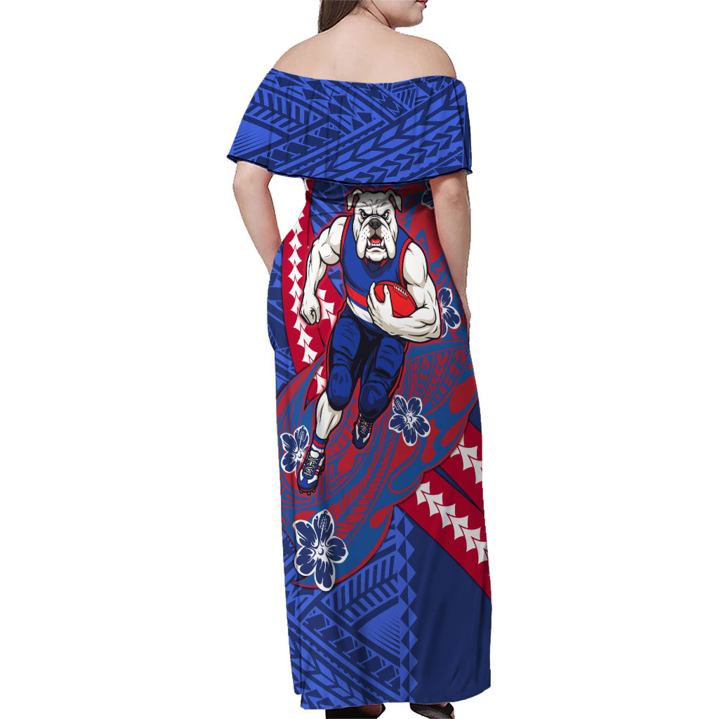 Personalized Western Bulldogs Family Matching Off Shoulder Maxi Dress and Hawaiian Shirt Polynesian Tribal Bulldog Mascot With Hibiscus Floral Art