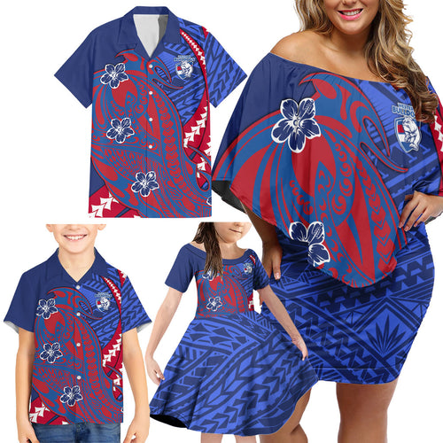 Personalized Western Bulldogs Family Matching Off Shoulder Short Dress and Hawaiian Shirt Polynesian Tribal Bulldog Mascot With Hibiscus Floral Art