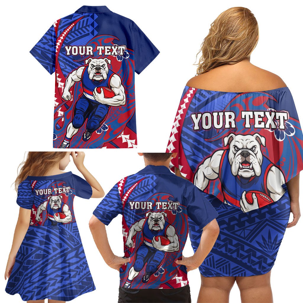 Personalized Western Bulldogs Family Matching Off Shoulder Short Dress and Hawaiian Shirt Polynesian Tribal Bulldog Mascot With Hibiscus Floral Art
