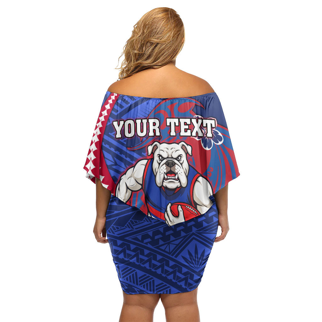 Personalized Western Bulldogs Family Matching Off Shoulder Short Dress and Hawaiian Shirt Polynesian Tribal Bulldog Mascot With Hibiscus Floral Art