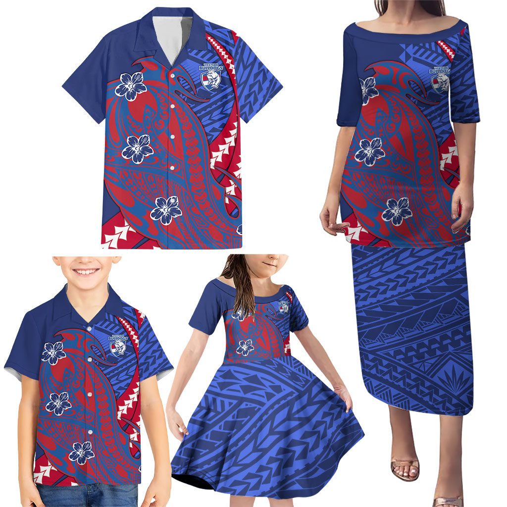 Personalized Western Bulldogs Family Matching Puletasi and Hawaiian Shirt Polynesian Tribal Bulldog Mascot With Hibiscus Floral Art
