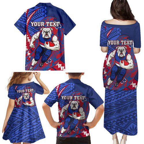 Personalized Western Bulldogs Family Matching Puletasi and Hawaiian Shirt Polynesian Tribal Bulldog Mascot With Hibiscus Floral Art