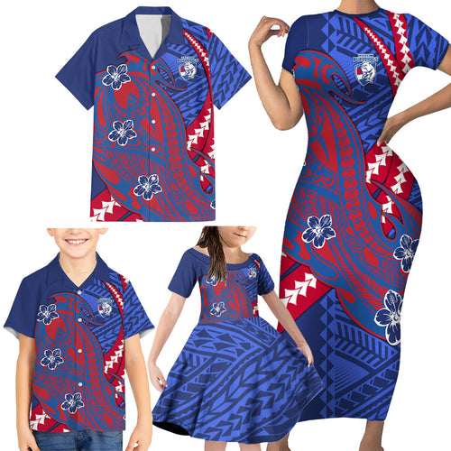 Personalized Western Bulldogs Family Matching Short Sleeve Bodycon Dress and Hawaiian Shirt Polynesian Tribal Bulldog Mascot With Hibiscus Floral Art