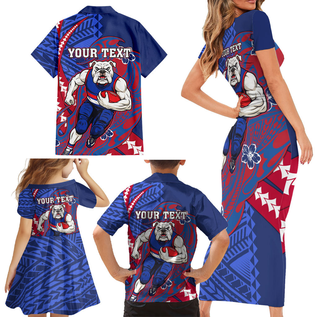 Personalized Western Bulldogs Family Matching Short Sleeve Bodycon Dress and Hawaiian Shirt Polynesian Tribal Bulldog Mascot With Hibiscus Floral Art