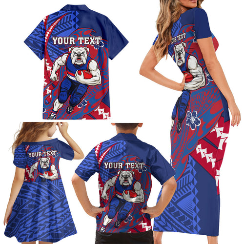Personalized Western Bulldogs Family Matching Short Sleeve Bodycon Dress and Hawaiian Shirt Polynesian Tribal Bulldog Mascot With Hibiscus Floral Art