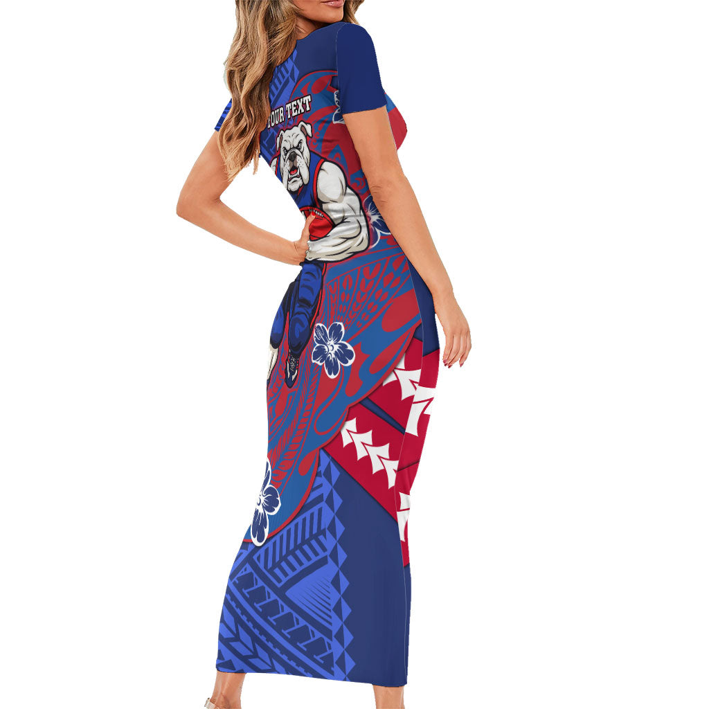 Personalized Western Bulldogs Family Matching Short Sleeve Bodycon Dress and Hawaiian Shirt Polynesian Tribal Bulldog Mascot With Hibiscus Floral Art