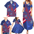 Personalized Western Bulldogs Family Matching Summer Maxi Dress and Hawaiian Shirt Polynesian Tribal Bulldog Mascot With Hibiscus Floral Art