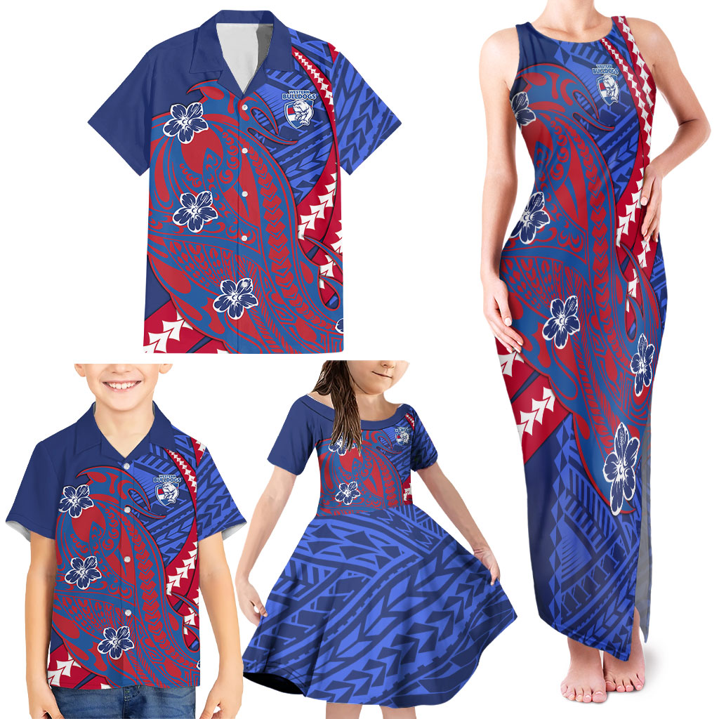 Personalized Western Bulldogs Family Matching Tank Maxi Dress and Hawaiian Shirt Polynesian Tribal Bulldog Mascot With Hibiscus Floral Art