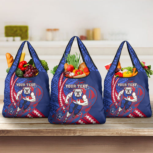 Personalized Western Bulldogs Grocery Bag Polynesian Tribal Bulldog Mascot With Hibiscus Floral Art