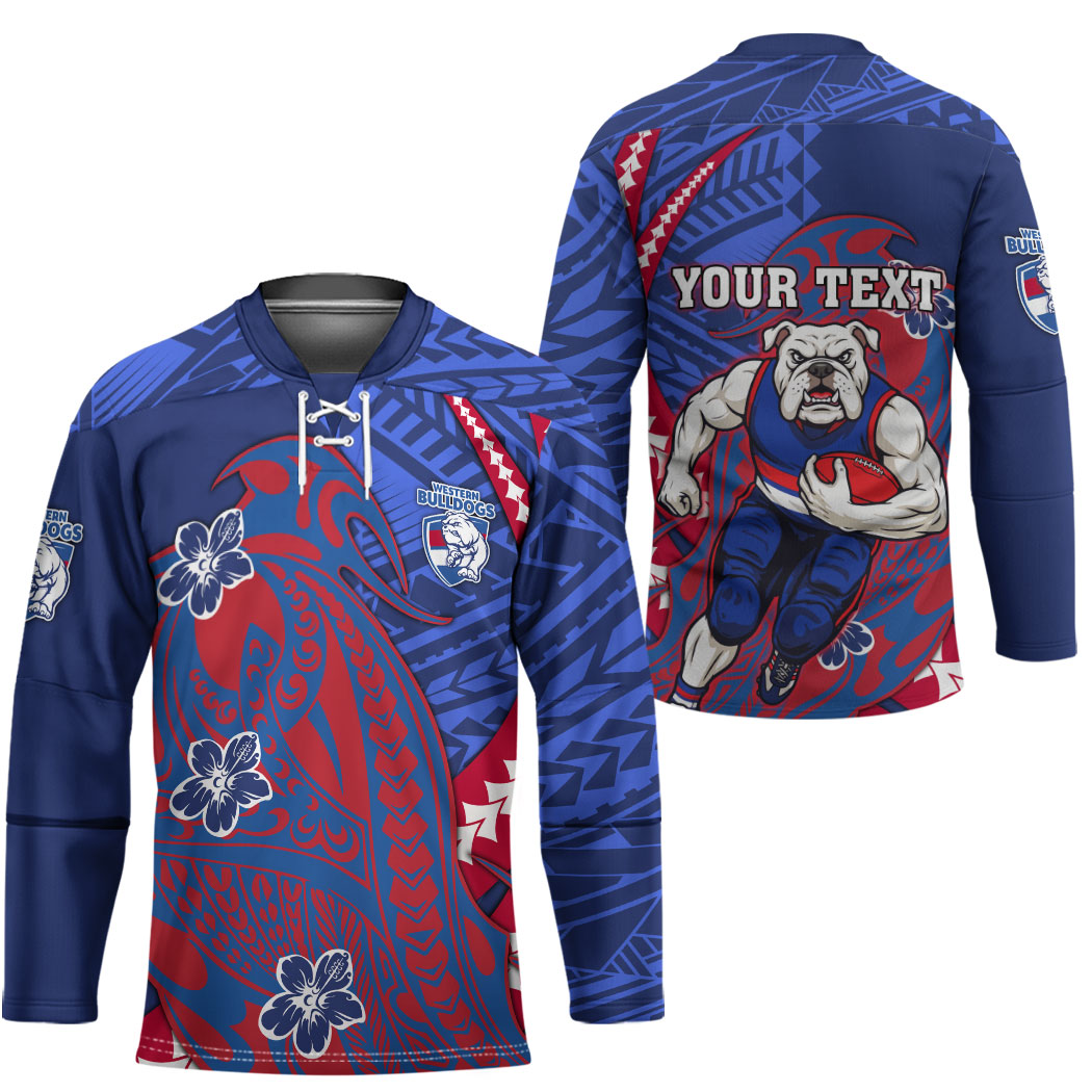 Personalized Western Bulldogs Hockey Jersey Polynesian Tribal Bulldog Mascot With Hibiscus Floral Art