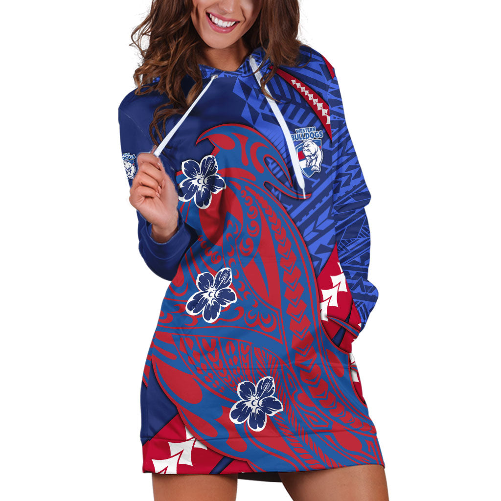 Personalized Western Bulldogs Hoodie Dress Polynesian Tribal Bulldog Mascot With Hibiscus Floral Art
