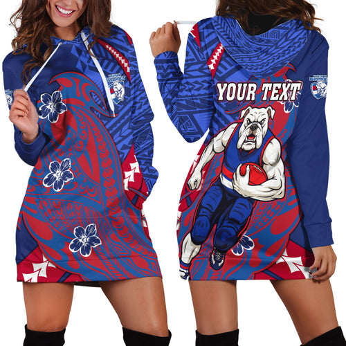 Personalized Western Bulldogs Hoodie Dress Polynesian Tribal Bulldog Mascot With Hibiscus Floral Art