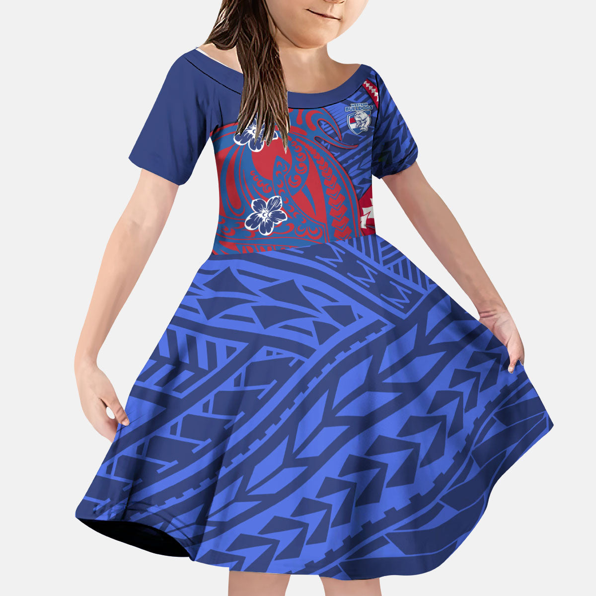 Personalized Western Bulldogs Kid Short Sleeve Dress Polynesian Tribal Bulldog Mascot With Hibiscus Floral Art