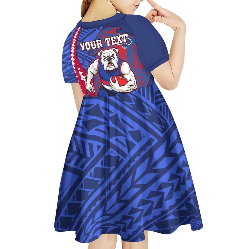 Personalized Western Bulldogs Kid Short Sleeve Dress Polynesian Tribal Bulldog Mascot With Hibiscus Floral Art
