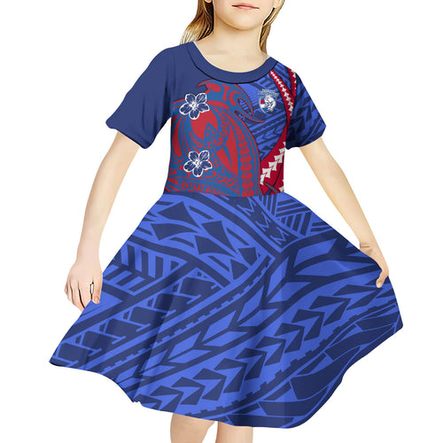 Personalized Western Bulldogs Kid Short Sleeve Dress Polynesian Tribal Bulldog Mascot With Hibiscus Floral Art