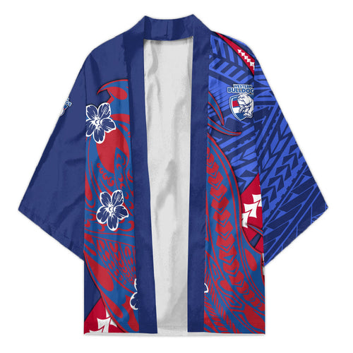 Personalized Western Bulldogs Kimono Polynesian Tribal Bulldog Mascot With Hibiscus Floral Art