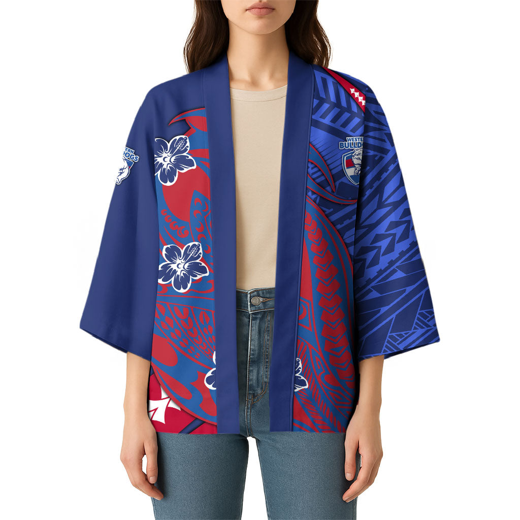 Personalized Western Bulldogs Kimono Polynesian Tribal Bulldog Mascot With Hibiscus Floral Art
