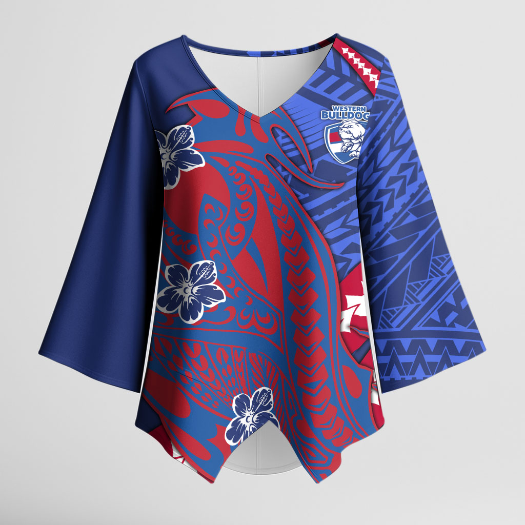 Personalized Western Bulldogs Kimono Sleeve Blouse Polynesian Tribal Bulldog Mascot With Hibiscus Floral Art