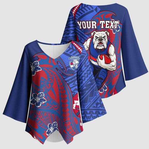 Personalized Western Bulldogs Kimono Sleeve Blouse Polynesian Tribal Bulldog Mascot With Hibiscus Floral Art