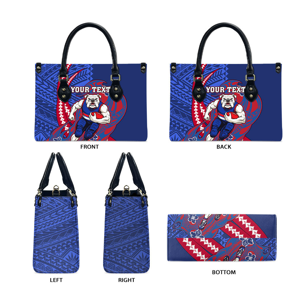 Personalized Western Bulldogs Leather Bag Polynesian Tribal Bulldog Mascot With Hibiscus Floral Art