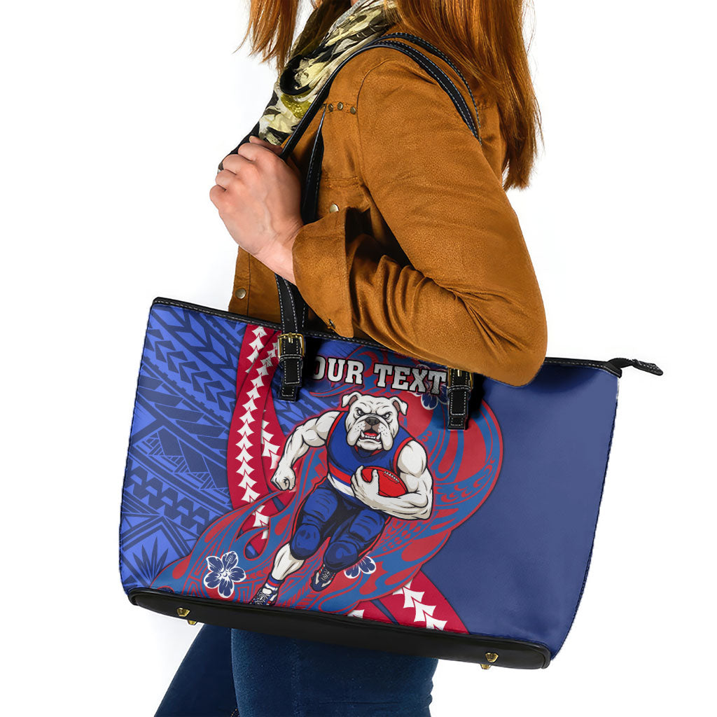Personalized Western Bulldogs Leather Tote Bag Polynesian Tribal Bulldog Mascot With Hibiscus Floral Art