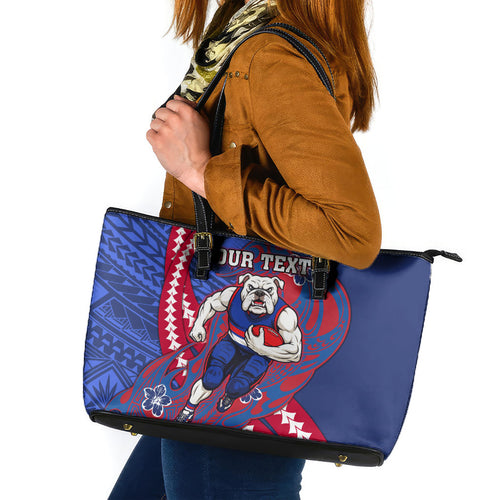 Personalized Western Bulldogs Leather Tote Bag Polynesian Tribal Bulldog Mascot With Hibiscus Floral Art
