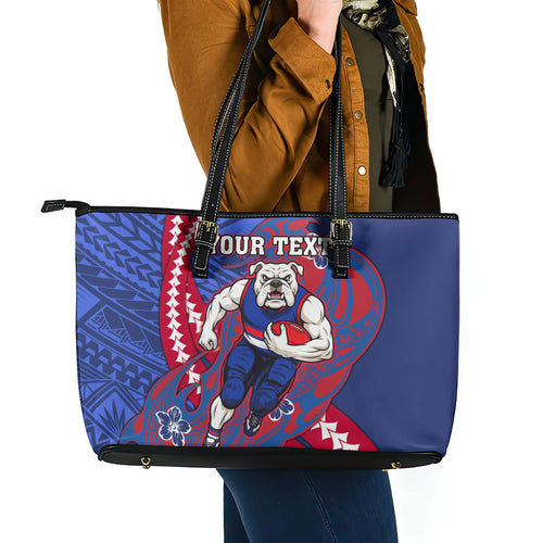 Personalized Western Bulldogs Leather Tote Bag Polynesian Tribal Bulldog Mascot With Hibiscus Floral Art