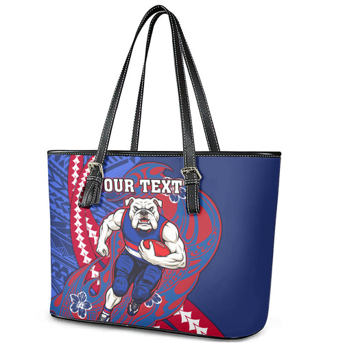 Personalized Western Bulldogs Leather Tote Bag Polynesian Tribal Bulldog Mascot With Hibiscus Floral Art
