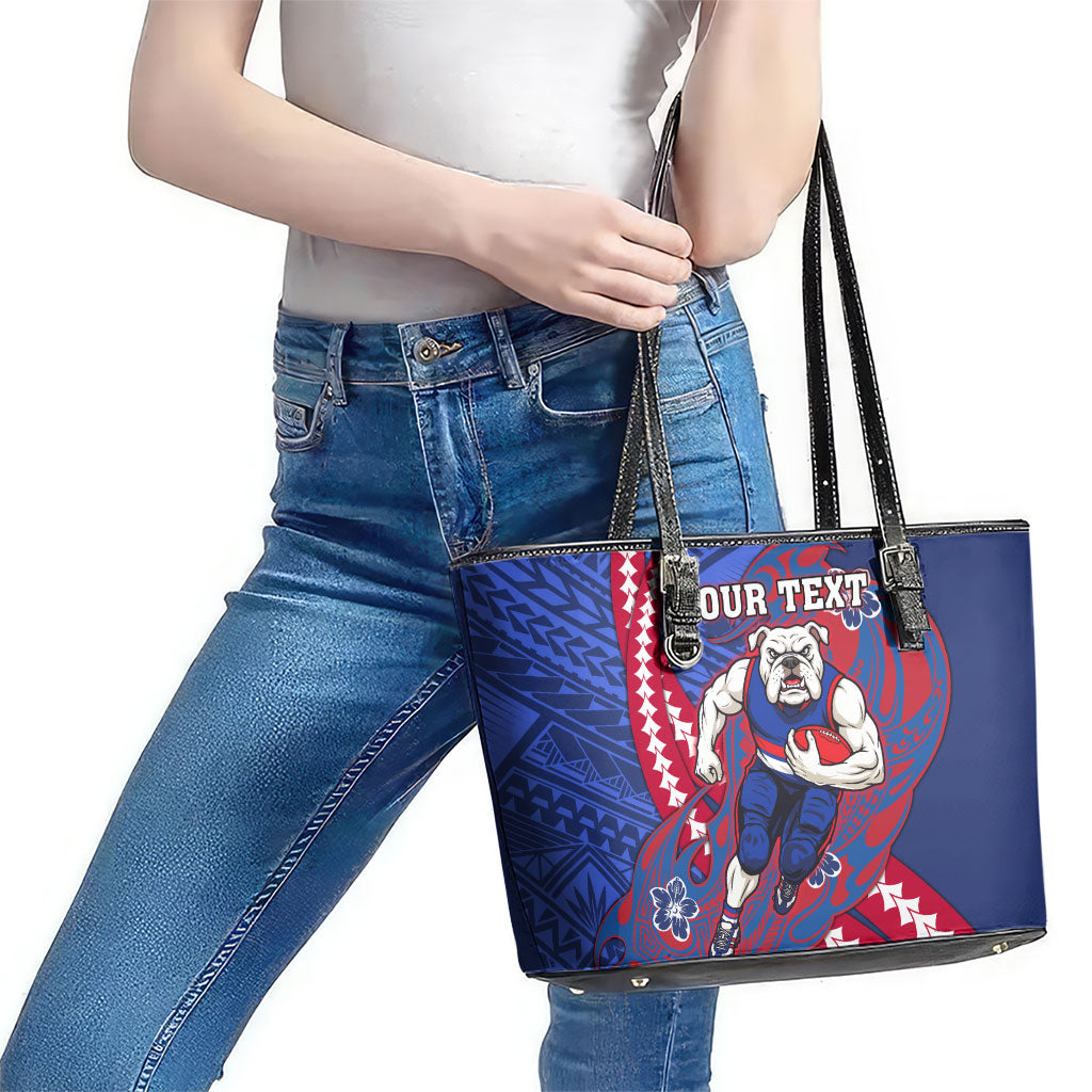 Personalized Western Bulldogs Leather Tote Bag Polynesian Tribal Bulldog Mascot With Hibiscus Floral Art