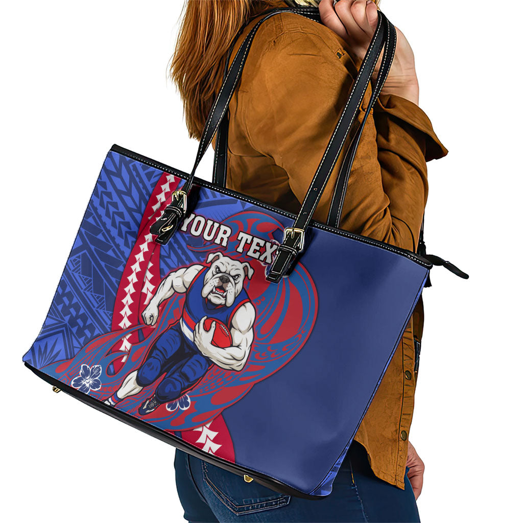 Personalized Western Bulldogs Leather Tote Bag Polynesian Tribal Bulldog Mascot With Hibiscus Floral Art
