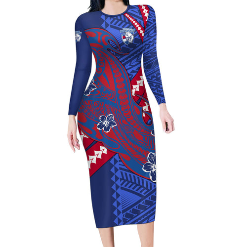 Personalized Western Bulldogs Long Sleeve Bodycon Dress Polynesian Tribal Bulldog Mascot With Hibiscus Floral Art