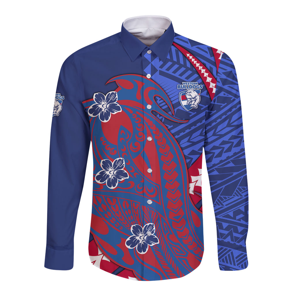 Personalized Western Bulldogs Long Sleeve Button Shirt Polynesian Tribal Bulldog Mascot With Hibiscus Floral Art