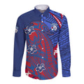 Personalized Western Bulldogs Long Sleeve Button Shirt Polynesian Tribal Bulldog Mascot With Hibiscus Floral Art