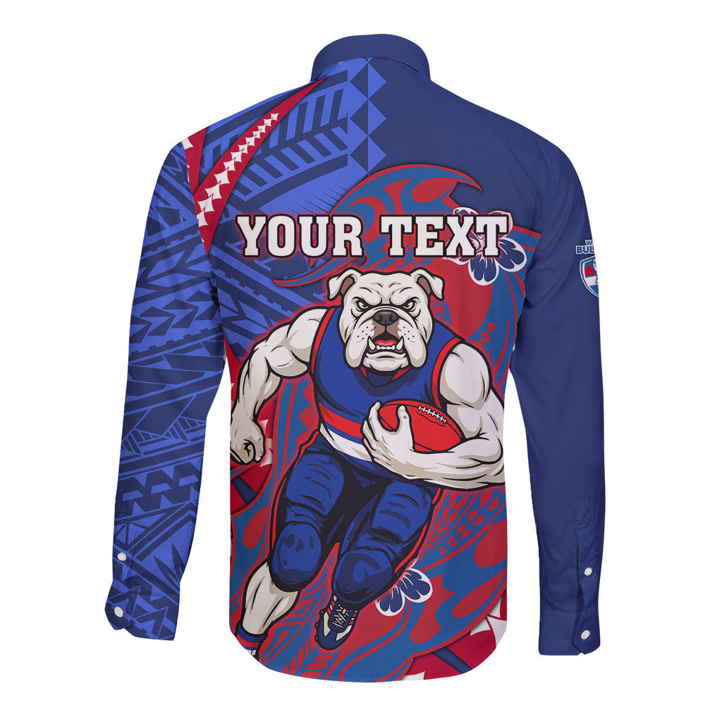 Personalized Western Bulldogs Long Sleeve Button Shirt Polynesian Tribal Bulldog Mascot With Hibiscus Floral Art