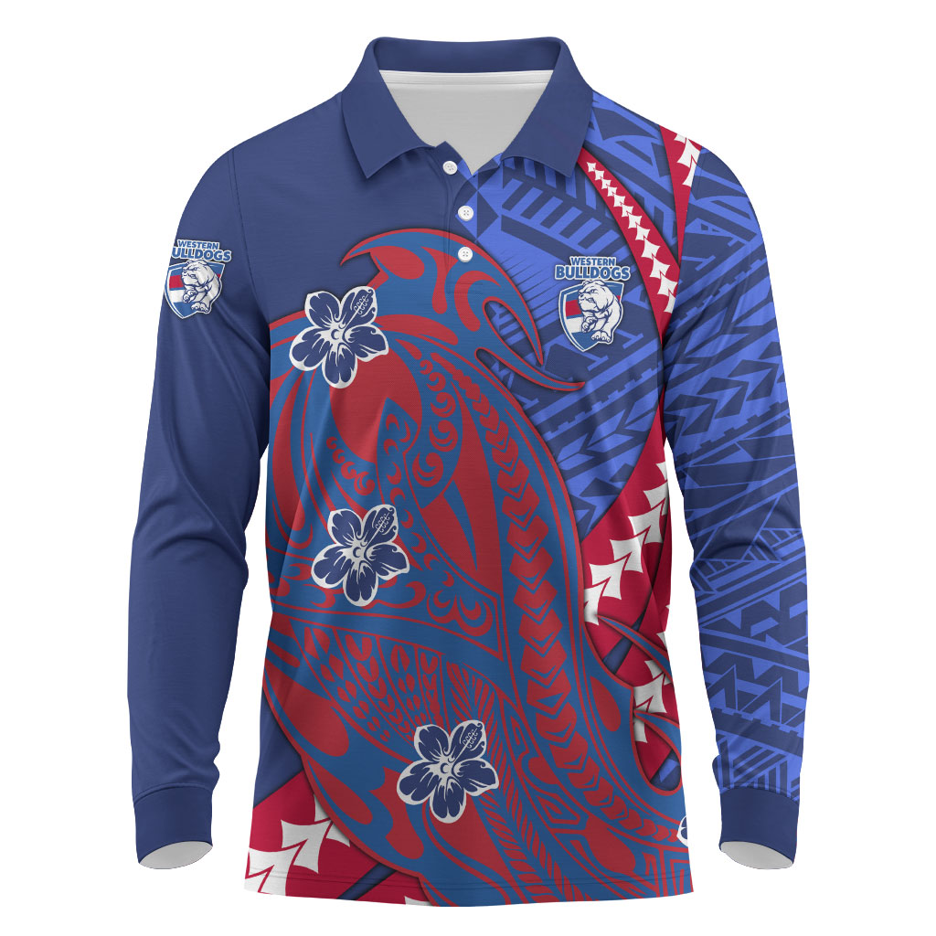 Personalized Western Bulldogs Long Sleeve Polo Shirt Polynesian Tribal Bulldog Mascot With Hibiscus Floral Art