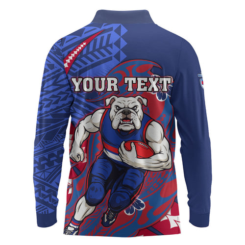 Personalized Western Bulldogs Long Sleeve Polo Shirt Polynesian Tribal Bulldog Mascot With Hibiscus Floral Art