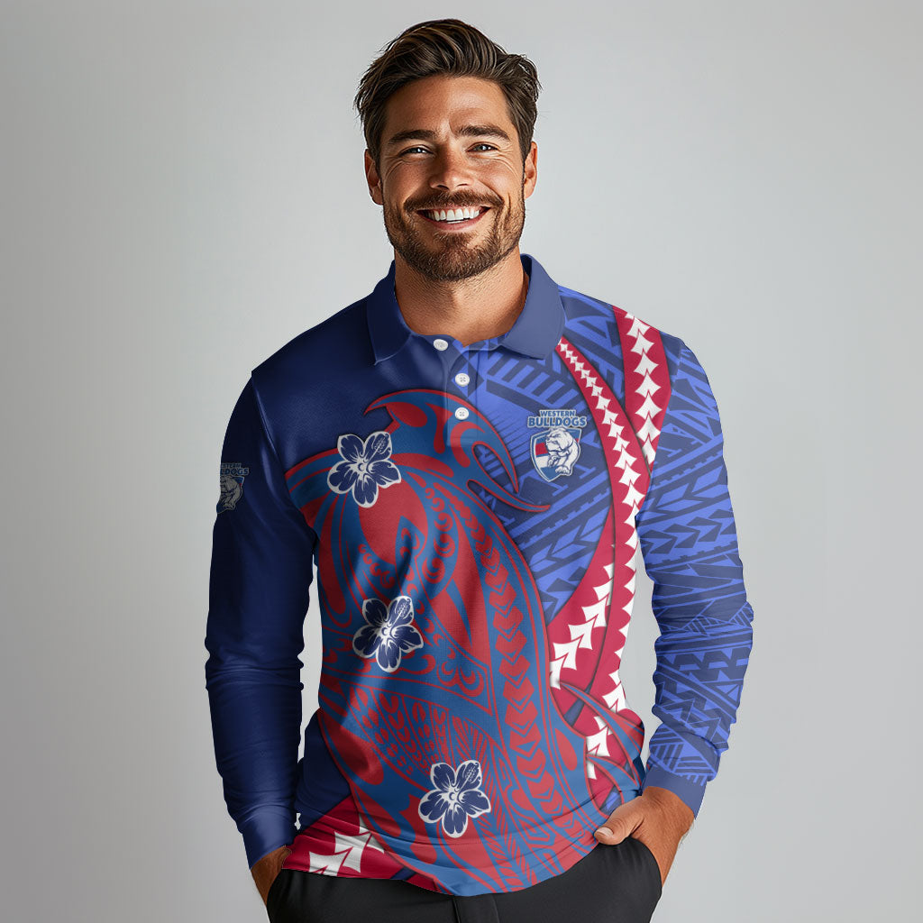 Personalized Western Bulldogs Long Sleeve Polo Shirt Polynesian Tribal Bulldog Mascot With Hibiscus Floral Art