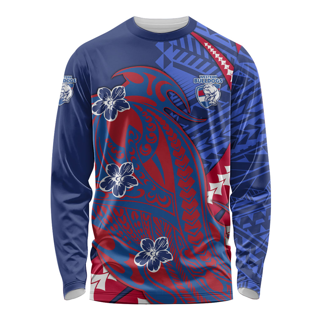 Personalized Western Bulldogs Long Sleeve Shirt Polynesian Tribal Bulldog Mascot With Hibiscus Floral Art
