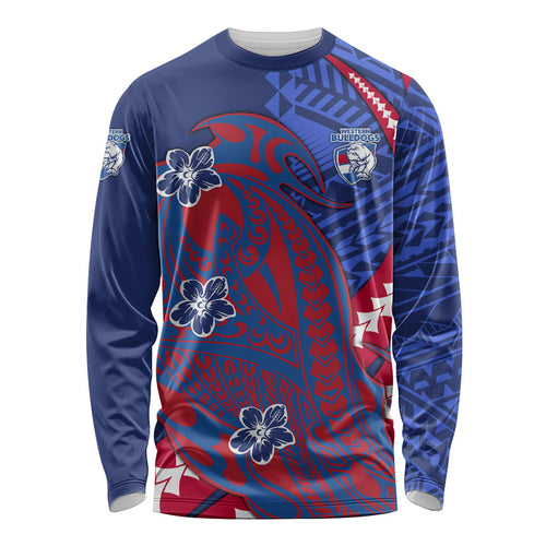 Personalized Western Bulldogs Long Sleeve Shirt Polynesian Tribal Bulldog Mascot With Hibiscus Floral Art