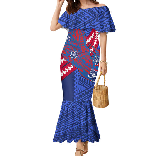 Personalized Western Bulldogs Mermaid Dress Polynesian Tribal Bulldog Mascot With Hibiscus Floral Art