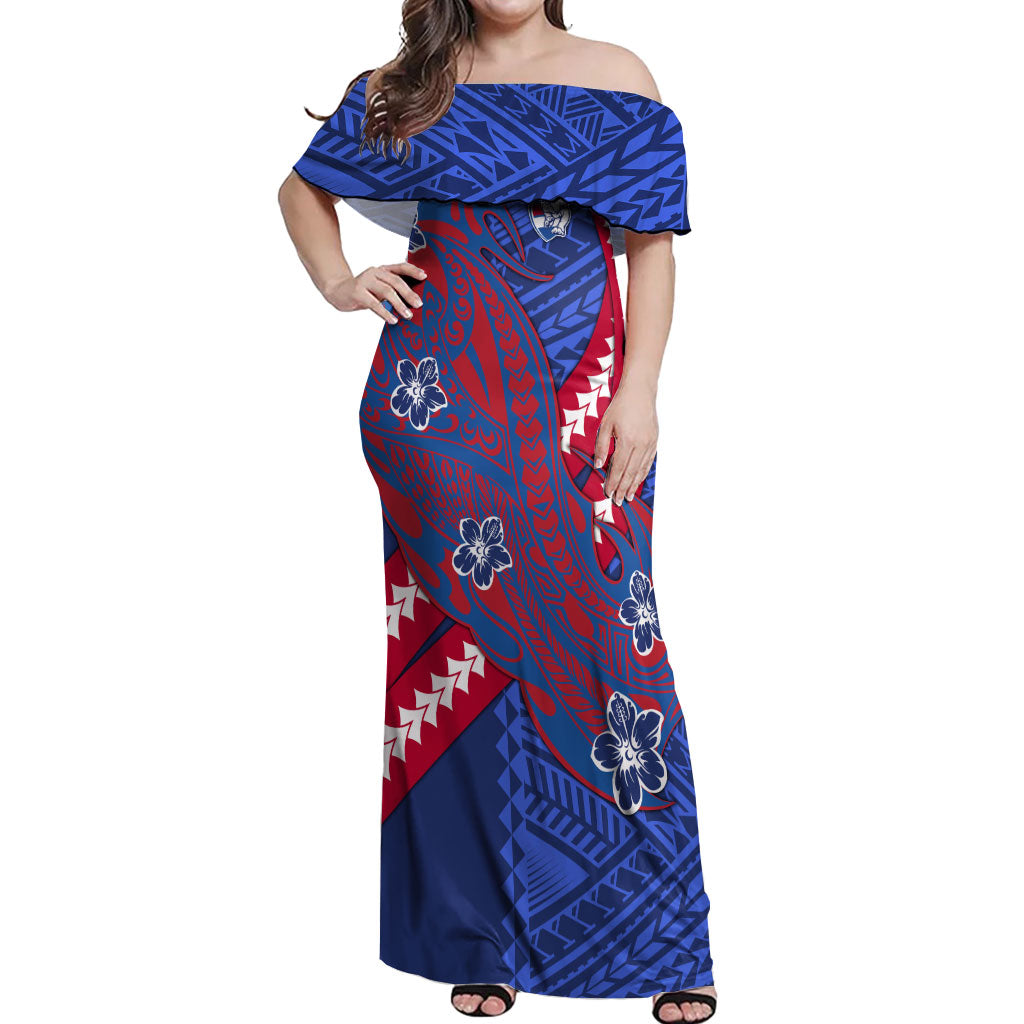 Personalized Western Bulldogs Off Shoulder Maxi Dress Polynesian Tribal Bulldog Mascot With Hibiscus Floral Art