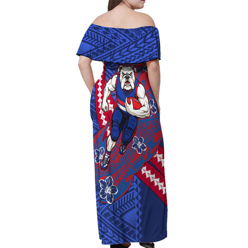 Personalized Western Bulldogs Off Shoulder Maxi Dress Polynesian Tribal Bulldog Mascot With Hibiscus Floral Art