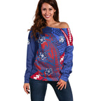 Personalized Western Bulldogs Off Shoulder Sweater Polynesian Tribal Bulldog Mascot With Hibiscus Floral Art