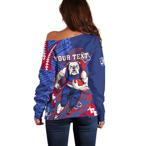 Personalized Western Bulldogs Off Shoulder Sweater Polynesian Tribal Bulldog Mascot With Hibiscus Floral Art