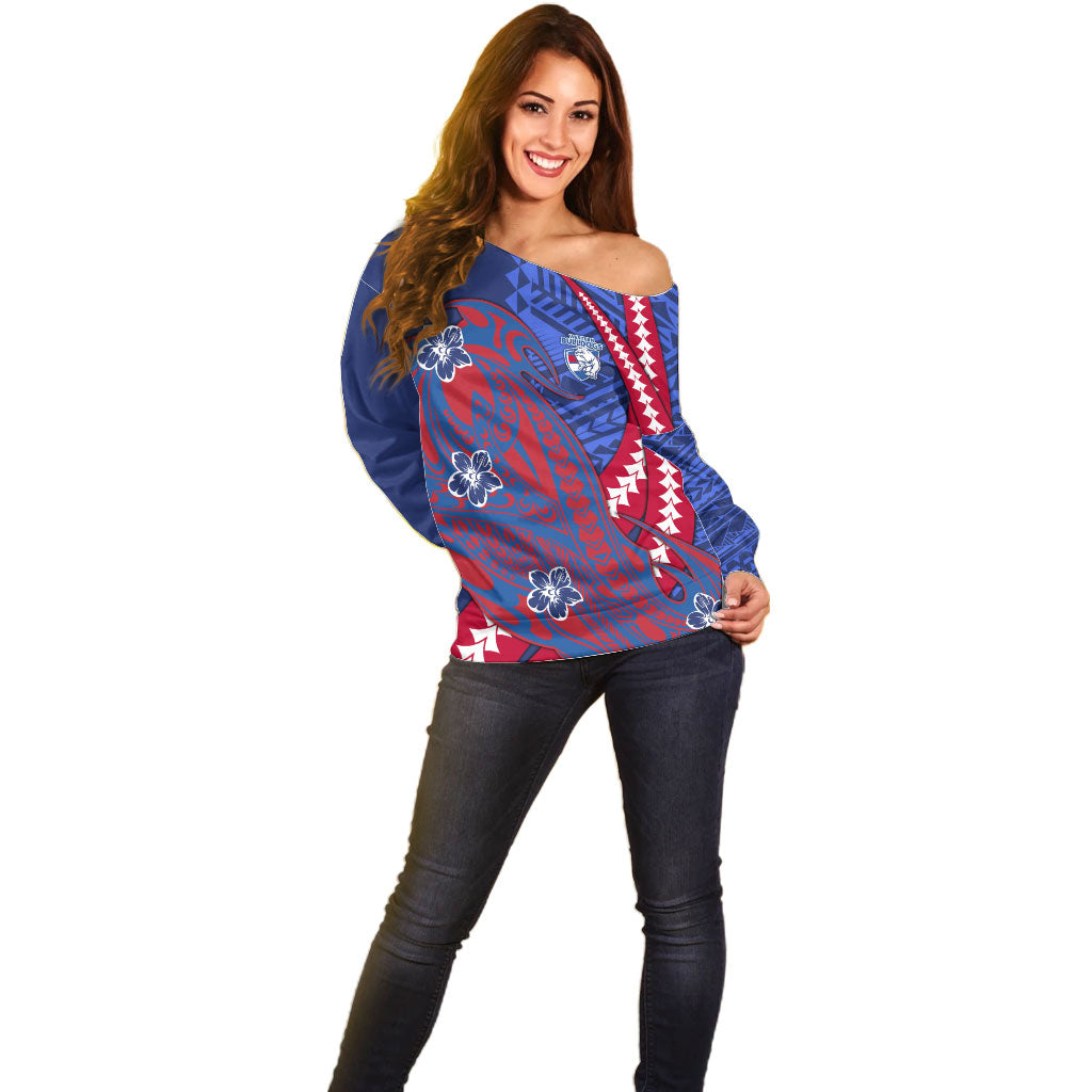 Personalized Western Bulldogs Off Shoulder Sweater Polynesian Tribal Bulldog Mascot With Hibiscus Floral Art