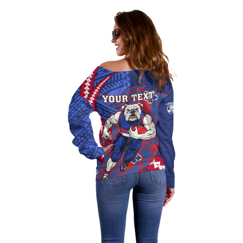 Personalized Western Bulldogs Off Shoulder Sweater Polynesian Tribal Bulldog Mascot With Hibiscus Floral Art