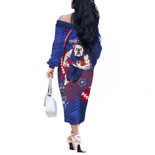Personalized Western Bulldogs Off The Shoulder Long Sleeve Dress Polynesian Tribal Bulldog Mascot With Hibiscus Floral Art