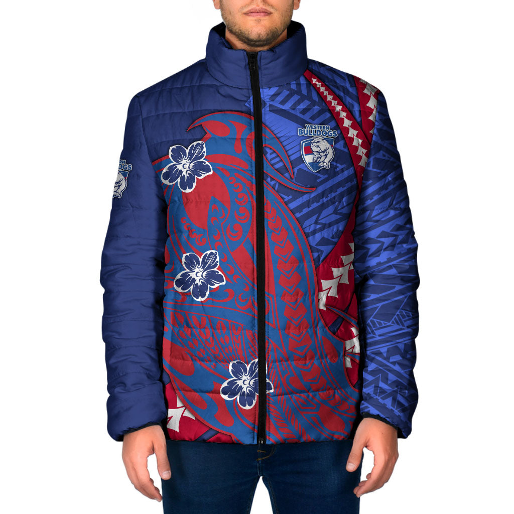 Personalized Western Bulldogs Padded Jacket Polynesian Tribal Bulldog Mascot With Hibiscus Floral Art