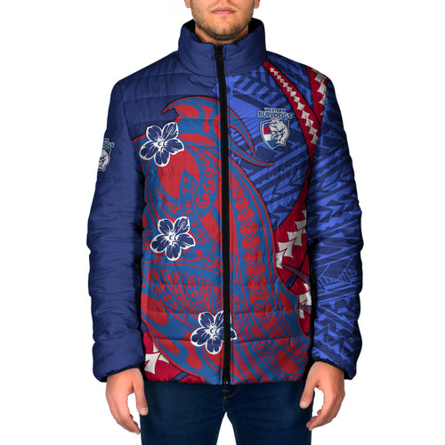 Personalized Western Bulldogs Padded Jacket Polynesian Tribal Bulldog Mascot With Hibiscus Floral Art